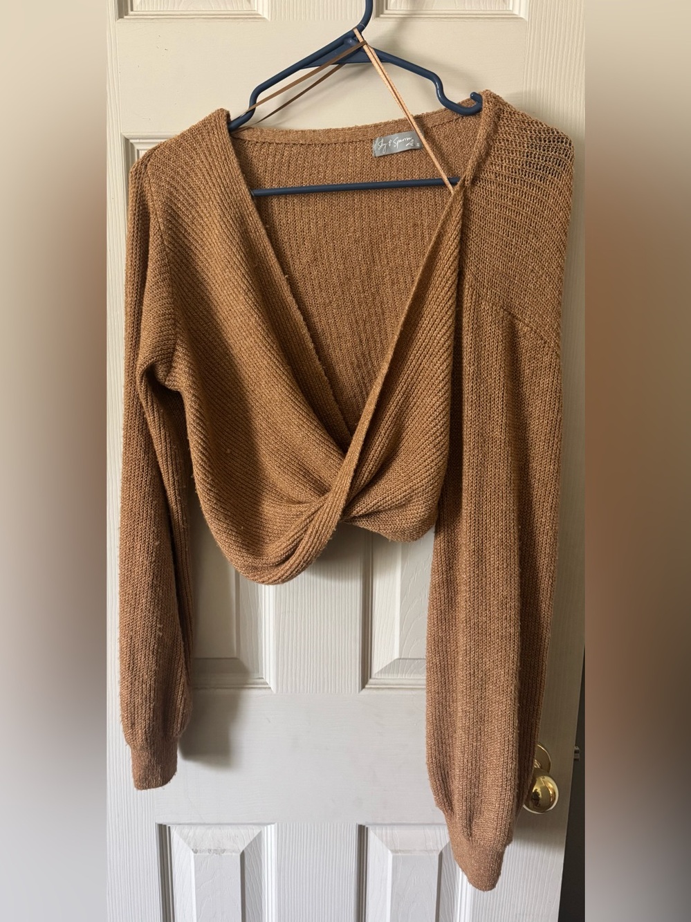 Sky and Sparrow Twist-Front V-Neck Sweater in Camel Brown